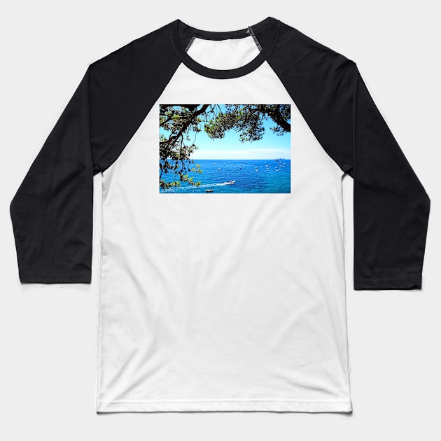 View in Positano with large and small boats skimming the Tyrrhenian Sea Baseball T-Shirt by KristinaDrozd